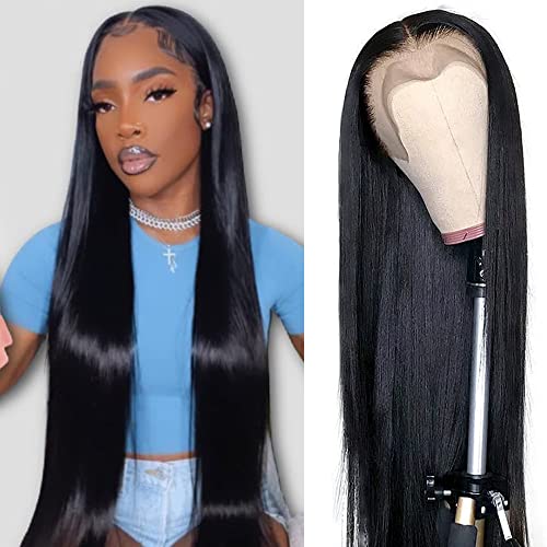 mengkai 34 Inch Straight Lace Front Wigs Human Hair Pre Plucked Bleach Knots Hairline Glueless 180% Density 13×4 HD Lace Front Wigs Human Hair Straight Human Hair Wigs for Women with Baby Hair