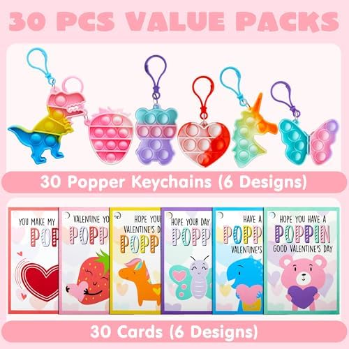 JOYIN 30 Packs Valentine's Day Cards with Pop Fidget Keychain Toys, Stress Anxiety Relief Fidget Toys with Cards for Kids Valentine's Classroom Exchange Prizes, Valentine's Day Party Favors