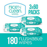 Nice 'N Clean Adult Flushable Wipes (3 x 60 Count) | Personal Cleansing Wipes Made from Plant-Based Fibers | Infused with Aloe & Vitamin E