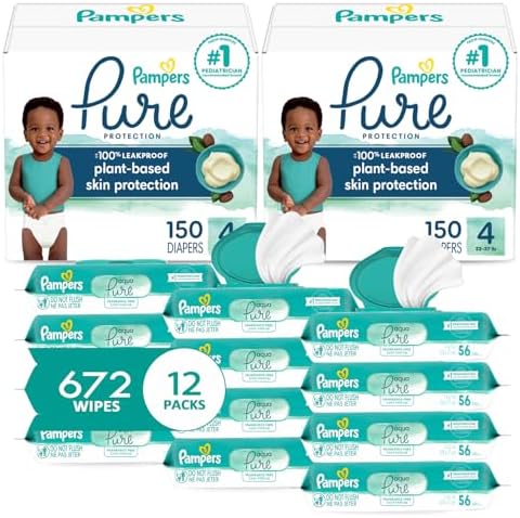Pampers Pure Protection Disposable Baby Diapers Size 4, 2 Month Supply (2 x 150 Count) with Aqua Pure Sensitive Baby Wipes, 12X Pop-Top Packs (672 Count)