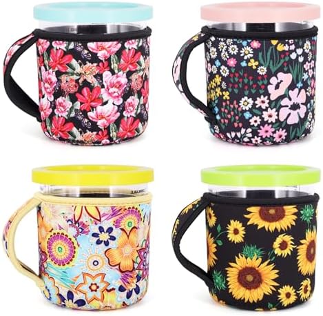 4Pack Reusable 24oz Ice Cream Sleeves with Handle, Neoprene Insulated Sleeves for Ninja Creami NC501, NC500 Series Deluxe Ice Cream Maker Containers(Floral Meadow)