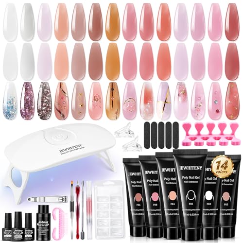 JEWHITENY 14 PCS Poly Nail Gel Kit Poly Extension Nail Gel Kit Starter Kit With Slip Solution Professional Nail Extension Set With LED Nail Lamp Nail Art Design Beginner Kit All In One Poly Nail Kits