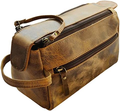 RUSTIC TOWN Buffalo Leather Toiletry Bag : Vintage Travel Shaving & Dopp Kit : for Toiletries, Cosmetics & More : Spacious Interior & Waterproof Lining : Compact, Fits Easily in Luggage