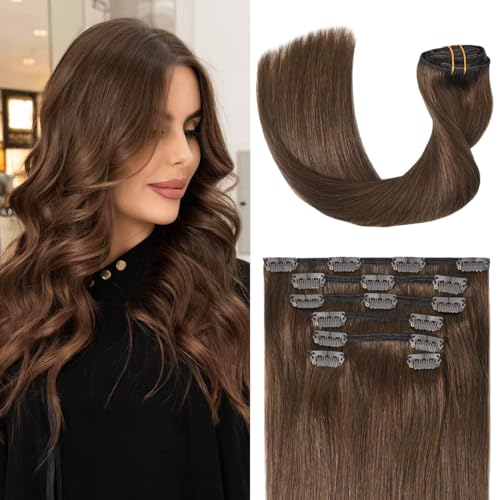 Medium Brown Hair Extensions Real Human Hair Clip in Hair Extensions 100g 7pcs 20inch,Soft & Natural Straight Double Weft Remy Hair for Women 20in #4 Chocolate Brown Hair Extensions