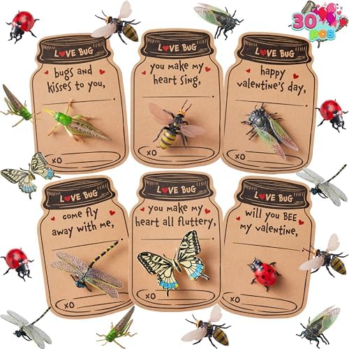 JOYIN 30 Pcs Realistic Bugs Toy Set for Kids with Gift Card Bulks, Classroom Gift Exchange Prizes Party Favor Toys, Greeting Exchange Cards for Boys Girls