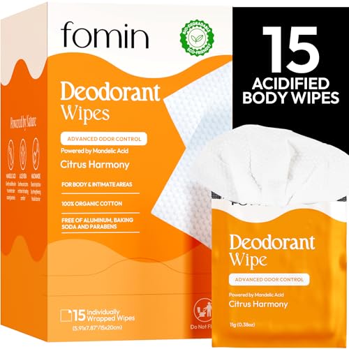 FOMIN Acidified Travel Deodorant Wipes For Women & Men - 15 Count - Citrus Harmony - pH Balanced, Mini Deodorant Travel Size Wipes - Plastic-Free, Individually Wrapped Underarm Body Wipes