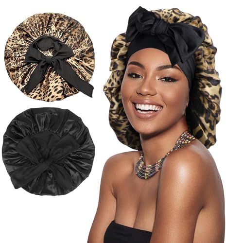 Arqumi 2 Pcs Cheetah-Print Satin Silk Bonnet for Sleeping Women, Large Cute Bonnet with Long Strap Tie Band Adjustable Sleep Night Cap Hair Bonnet for Men Long Short Hair, Black+Leopard Print