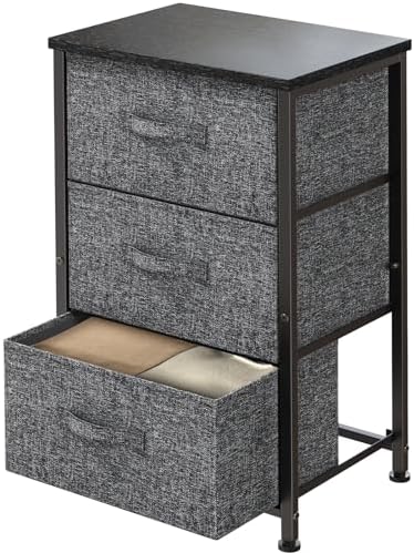 Pipishell Fabric Dresser, 3 Drawers Nightstand, Vertical Storage Drawer with Sturdy Steel Frame Wood Top, Small Dresser for Closet, Bedroom, Nursery Room (Black)