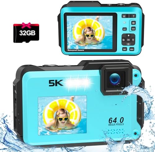 5K 64MP Underwater Camera, 16FT Waterproof Digital Camera with Selfie UHD Dual Screen, Digital Underwater Camera for Snorkeling with WiFi, 16X Digital Zoom, 32GB Micro Card and 1200mAh Battery