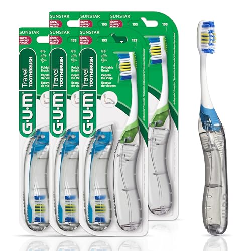 GUM Folding Travel Toothbrush, Compact Head + Tongue Cleaner, Soft Bri