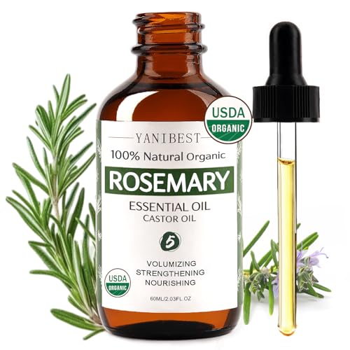 YANIBEST Organic Rosemary Essential Oil, Castor Oil, 100% Pure Natural Hair Oil for Strengthening Hair, Nourish and Repair Damaged Hair, Improve Scalp Health
