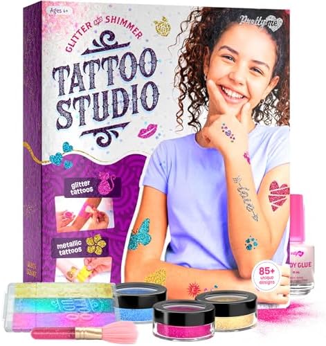 Temporary Shimmery Tattoo Studio Kit for Kids - Glitter & Metallic Fake Tattoos for Girls - Easter Birthday Gift Ideas for Girl - Craft Kits Toys for Ages 6, 7, 8, 9, 10, 11 Year Old - Cool Gifts