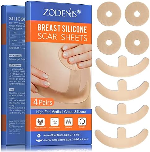 Silicone Scar Sheets for Breast - 8 Pack, Including 4 Areola Soft Strips & 4 Anchor Sheets