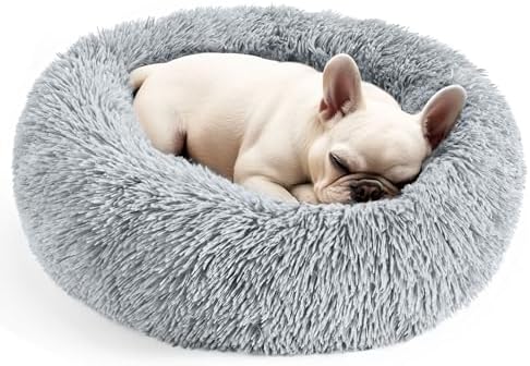 Hoewina Dog & Cat Bed, 20in Cat Beds for Indoor Cats, Calming Donut Bed for Puppy and Kitten, Washable Round Fluffy Pet Bed for Small Medium Dogs and Cats (Light Grey)