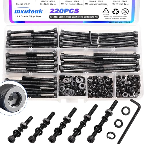 mxuteuk 220PCS M4 Screws Assortment Set,M4 x 30/35/40/45/50mm Hex Socket Head Cap Screws Bolts Nuts Kit,12.9 Grade Alloy Steel M4 Bolts with Hex Wrench
