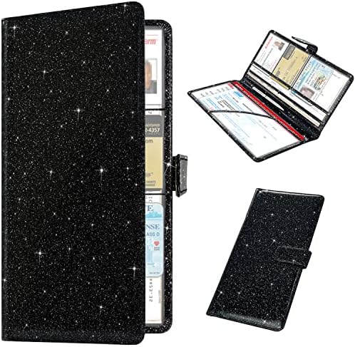 RSAquar unisex Car Registration and Insurance Holder, Vehicle Glove Box Organizer Cool Car Accessories, Car Document Holder for Cards, Driver License and Essential Document, Black Glitter