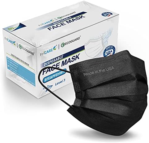 Made in USA, ASTM Level 3 Face Mask by EG ECOGUARD, 3-ply / 50 Pack / Disposable / Breathable (Black, Adult)
