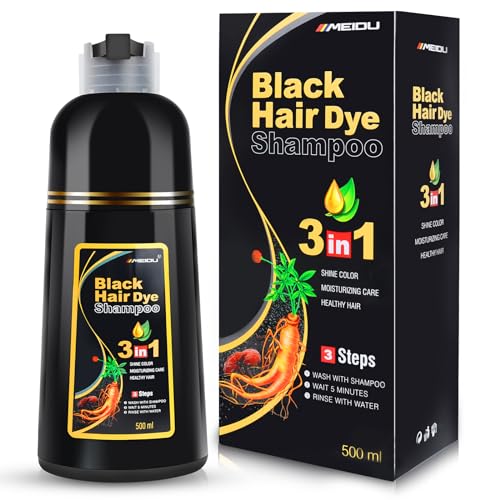 IIIMEIDU Black Hair Dye Shampoo 3 in 1 for Gray Hair, Herbal Ingredients Shampoo Black Hair Dye for Women Men, Grey Coverage Shampoo 500ml