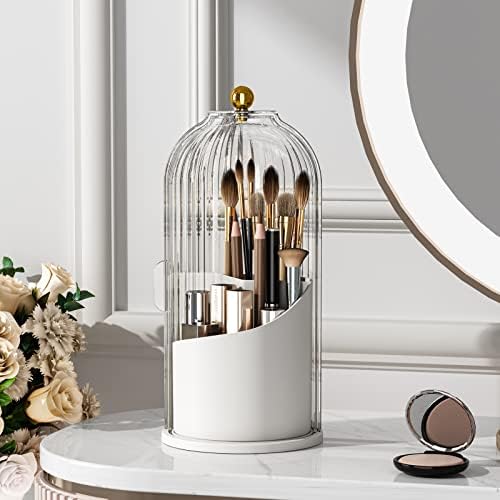Makeup Brush Holder with Lid 360 Rotating Clear Dustproof Make Up Organizers for Vanity Bathroom Countertop, Transparent