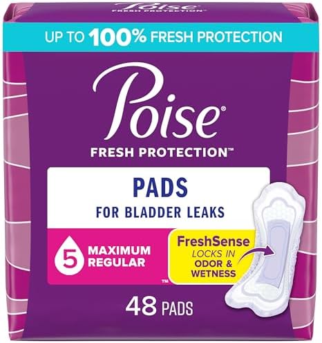 Poise Incontinence Pads & Postpartum Incontinence Pads, 5 Drop Maximum Absorbency, Regular Length, 48 Count, Packaging May Vary