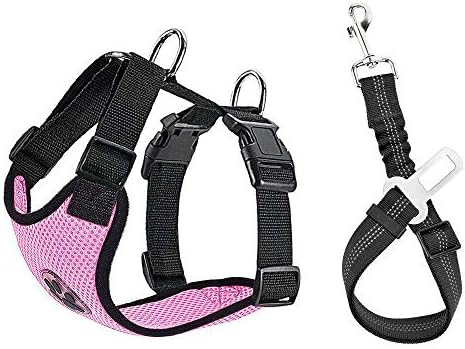 SlowTon Dog Seat Belt Harness for Car, Dog Car Harness Adjustable Mesh Breathable & Dog Seatbelt Safety Tether with Elastic Bungee for Small Medium Large Pets(Pink, Single Clip, XXXS)