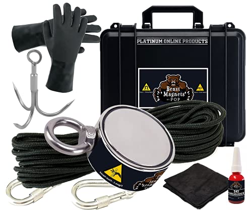 800LB’s Complete Magnet Fishing Kit | Double Sided Fishing Magnet Kit with Case | Includes Strong Neodymium N52 Magnet, Durable 65ft Rope, Carabiner, Gloves, Grappling Hook & Carry Case