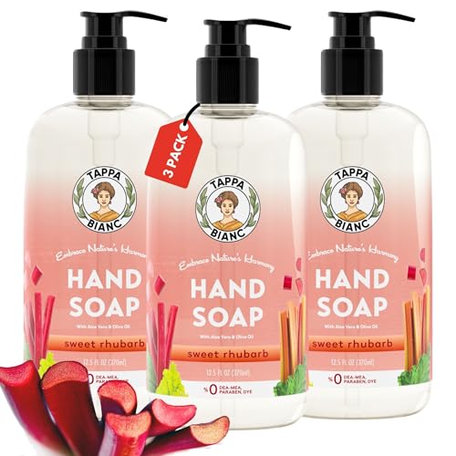 TAPPA BIANC Liquid Hand Soap for Bathroom and Kitchen, Sweet Rhubarb Scented Handsoap, Natural Ingredients, Non-Toxic Hand Wash Soaps with Pump Bottles 12.5 fl oz (Pack of 3)