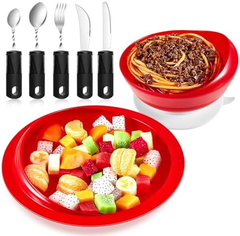 2 Sets Adaptive Utensils Bowl and Plate Set Adaptive Self Feeding Dinnerware with Suction Base Non Slip Bendable Cutlery for Elderly Disabled Hand Tremors Arthritis Parkinson(Red)