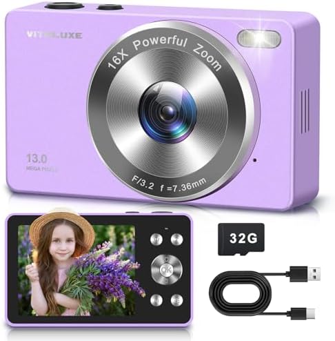 4K Digital Camera, VITALUXE FHD Kids Camera, Real 13MP 16x Zoom Autofocus, 2.83'' LCD Screen, Long Lasting, Compact Small Vintage Camera with 32G Card, Best Gift for Kids, Teens, Girl, Boy, Beginngers