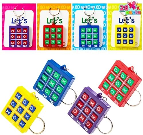 JOYIN 28 Pcs Valentine's Day Gift Cards with Tic-Tac-Toe Keychain, Valentines Days Keychain Set for Kids Party Favor, Classroom Exchange Prizes, Exchange Greeting Cards for Boys Girls
