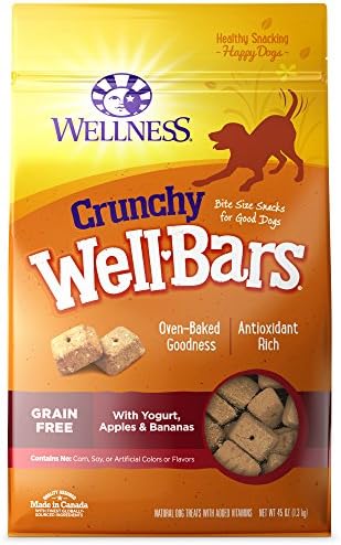 Wellness WellBars Dog Treats, Natural, Training Treat, Grain Free, Crunchy Yogurt, Apples & Banana (45 Ounce bag)