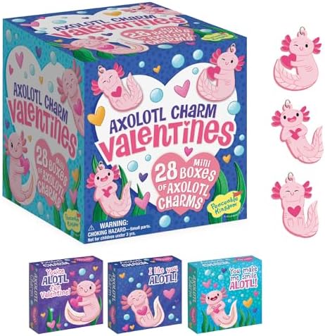 Peaceable Kingdom Valentines Cards for Kids Classroom, Set of 28 Valentines Day Gifts - Axolotl Friendship Charms