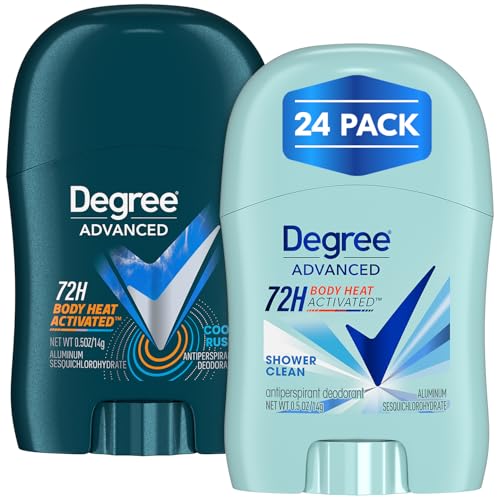 Degree Travel Deodorant Variety 24-Pack (12 Cool Rush + 12 Shower Clean) – 72H Body Heat Activated Mini Antiperspirant, 0.5 Oz Ea
