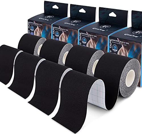 4 Pack Kinesiology Tape for Sports Athletes - 16 FT Waterproof Athletic Tape for The Knee, Elbow and Shoulder Muscles, etc.(5m X 5cm) (Black)