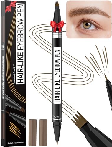 Microblading Eyebrow Pen - Eyebrow Pencil Magical 2-in-1 Dual-Ended Waterproof Eye Brow Pencils for Women with 4-Fork-Tip & Precise Brush-Tip for Natural Hair Like Strokes, Last All-Day, Brown