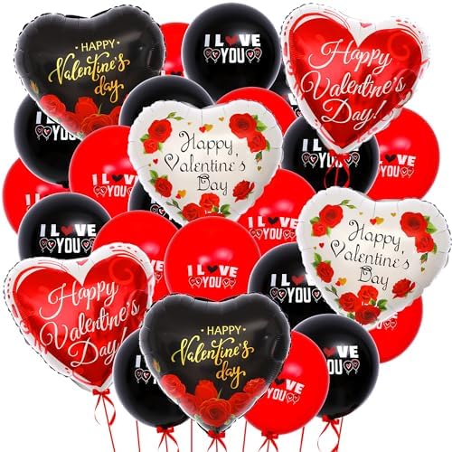 KatchOn, Happy Valentines Day Balloons - Big, Pack of 26 | Black and Red Heart Shaped Balloons for Valentines Day Decorations | Heart Balloons, Valentines Balloons, Romantic Decorations Special Night