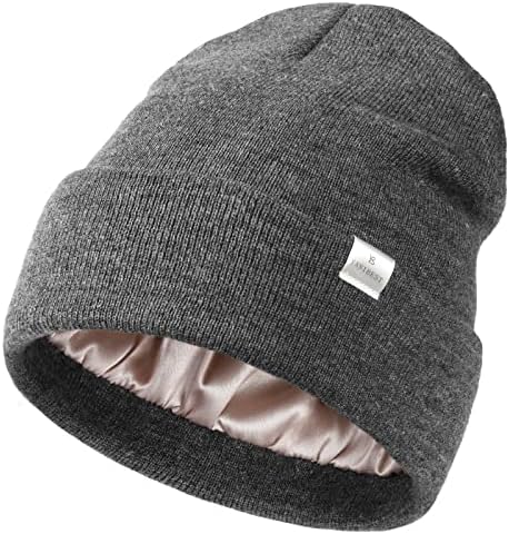 YANIBEST Womens Satin Lined Knit Beanie Hat Acrylic Winter Hats for Women Men Silk Lining Soft Slouchy Warm Cuffed Beanie Hat