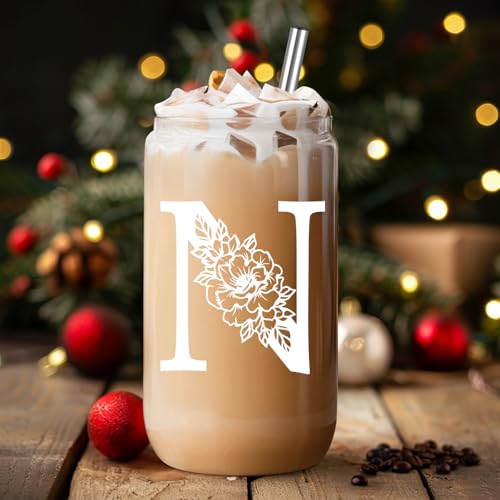 Coolife Initial Glass Cup, Monogrammed Gifts for Women, 16 oz Glass Cups w/Lids Straws, Iced Coffee, Smoothie, Beer Glass Tumbler w/Straw Lid - Personalized Christmas, Birthday Gifts for Her Mom