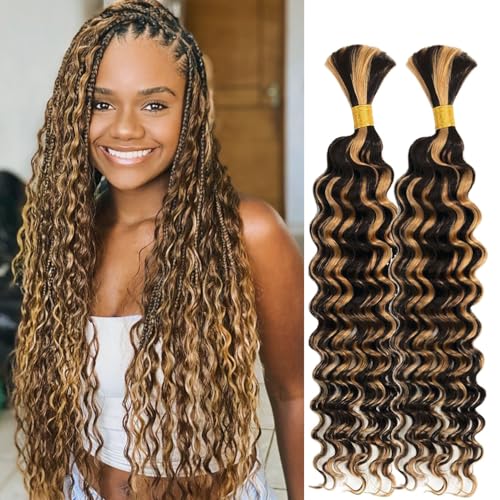 Human Braiding Hair 2 Bundles 28Inch Deep Wave Bulk for Braiding No Weft Curly Boho Braids 12A Brazilian Virgin Hair Extensions 1B/27 100g