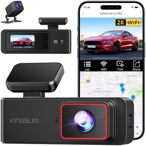 KINGSLIM Dash Cam Front and Rear 2K+1080P, Mini WiFi Dash Camera for Cars Dual Dashcam Parking Monitor, Loop Recording, Car Camera Support Max 256GB (E2PRO)