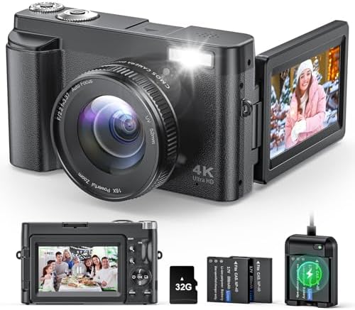 4K Digital Camera for Photography and Video, Autofocus Anti-Shake 48MP Vlogging Camera for YouTube, 3'' 180°Flip Screen Camera with Flash 16X Zoom, Digital Camera with 32GB Card Battery Charger Black