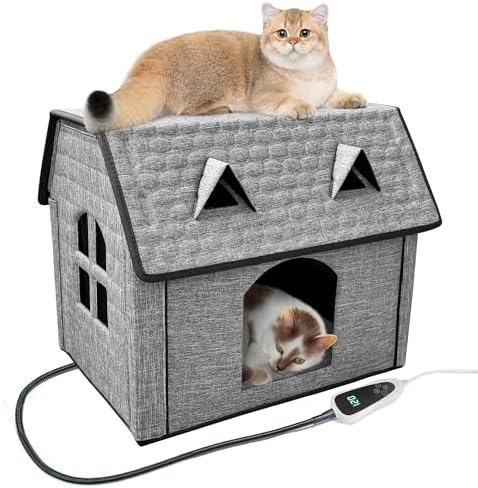 Heated Cat House with Pet Heating Pads, Intelligent Thermostat Cotroller, Cat Heating Shelter for Indoor Outdoor Kitty, Foldable Puppy Heated Bed with Cute Windows, Sturdy and Waterproof
