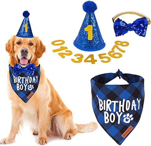 ADOGGYGO Dog Birthday Party Supplies, Multi Size Offered, Birthday Boy Dog Bandana, Dog Birthday Hat with Numbers for Large X-Large Dogs Pets (X-Large, Blue)