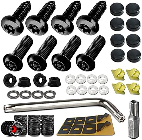 Aootf Black Anti Theft License Plate Screws- Stainless Steel Rustproof Security Bolts Fasteners for Front Rear Car Tag Mount- M6 (1/4") Locking Hardware, with Matte Caps Inserts Nuts, Rattle Proof Pad