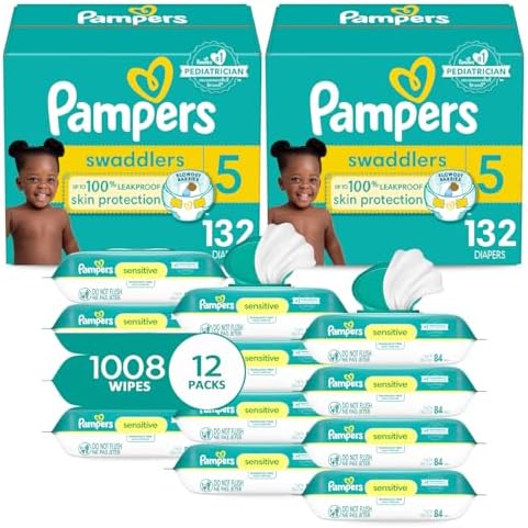 Pampers Swaddlers Disposable Baby Diapers Size 5, 2 Month Supply (2 x 132 Count) with Sensitive Water Based Baby Wipes 12X Multi Pack Pop-Top and Refill (1008 Count)