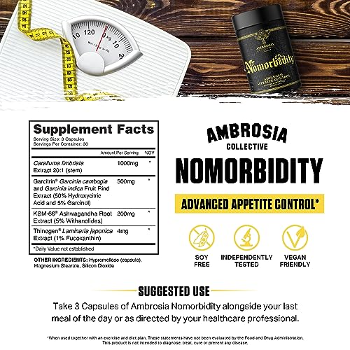 Ambrosia Nomorbidity Advanced Appetite Control & Hunger Management Formula | Appetite Suppressant & Mood Support with KSM-66 Ashwagandha, Garcitrin, and Thinogen