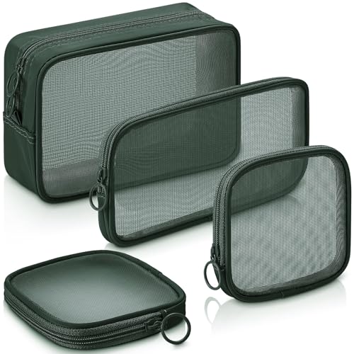 Weewooday 4 Pcs Mesh Makeup Bag Mesh Cosmetic Bag Travel Toiletry Pouch with Zipper Mini Portable Makeup Cosmetic Toiletry Purse for Daily Accessories (White,Small)(Small, Large, Medium,Olive Green)