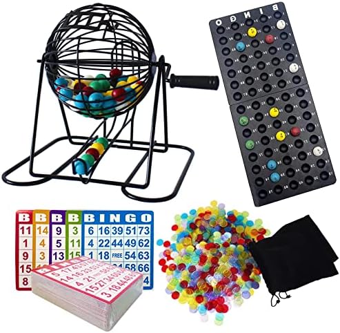 Yuanhe Deluxe Bingo Game Set - Metal Round Cage, 75 Colored Bingo Balls, 100 Bingo Cards, 500 Mixed Chips and Master Board for Large Groups, Parties