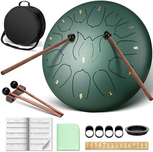 CAHAYA Steel Tongue Drum 12-Inch: 13 Notes Steel Percussion Hand Drum with Music Score Drum Mallets Finger Paddles and Carry Bag for Meditation Entertainment Musical Education Sage Green CY00374-1