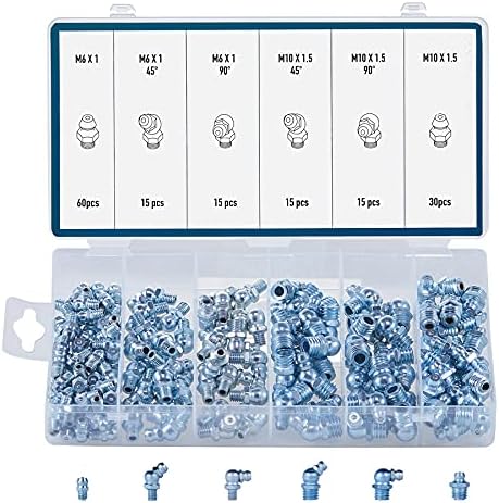 ZELCAN 150pc Metric Grease Fittings Kit, Hydraulic Grease Zerk Assortment: M6 M10 Straight 45 90 Degree Angled Zerk Fittings, Galvanized Steel Set for Replacing Missing or Broken Zerk Grease Fittings